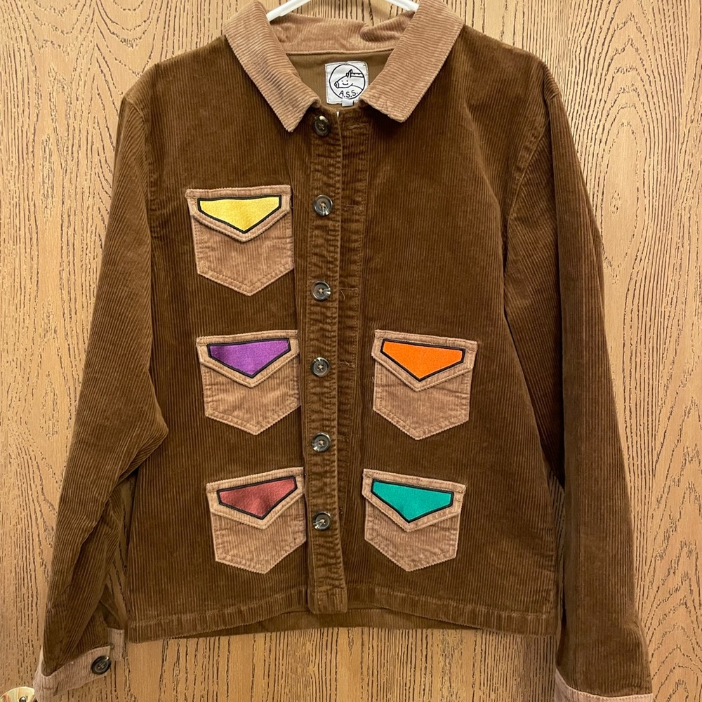 Alex’s Stupid Studio corduroy duck jacket with multi colored pockets